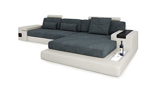Design Sofa Couch Leder Wohnlandschaft + Stoff Ecksofa L-Form mit LED-Licht Beleuchtung LATIUM III