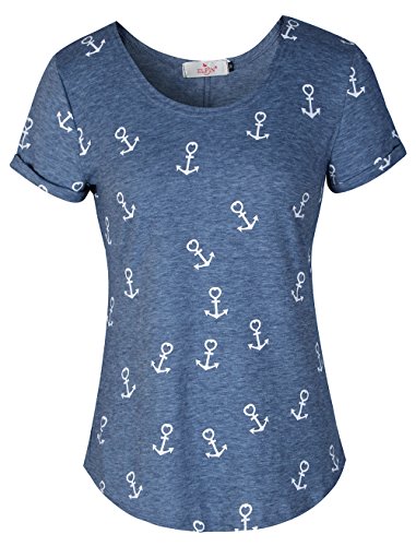 ELFIN Damen T-Shirt Top mit Anker Druck Rundhals Kurzarm Ladies Sommer Shirt Anker Sailing Tee Allover Print - Leicht und Luftig - Sehr Angenehm zu Tragen