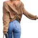 EMMA Damen Winter Frühling Sexy Casual V-Ausschnitt Pullover Loose Rückenfrei Fledermaus Batwing Rücken Kreuz Lange Ärmel Sweater Stricken Pullover