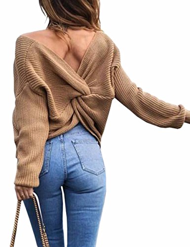 EMMA Damen Winter Frühling Sexy Casual V-Ausschnitt Pullover Loose Rückenfrei Fledermaus Batwing Rücken Kreuz Lange Ärmel Sweater Stricken Pullover