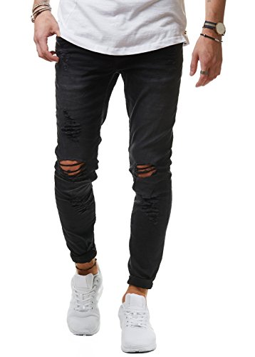 EightyFive Herren Jeans Denim Hose Slim Fit Skinny Destroyed Zerrissen Stretch Schwarz Weiß Khaki EF1512