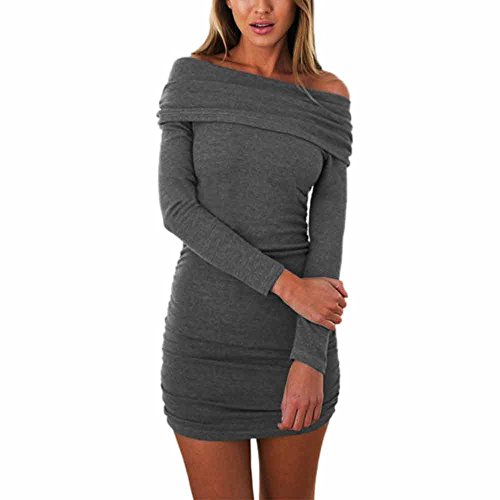 Elecenty Damen Langarmkleid Schulterfrei Partykleid Bodycon Minikleid Mantel Solide Rock Mädchen Kleider Frauen Mode Kleid Kleidung