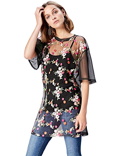 FIND Bluse Damen mit Durchsichtigem Mesh und Blumenmuster