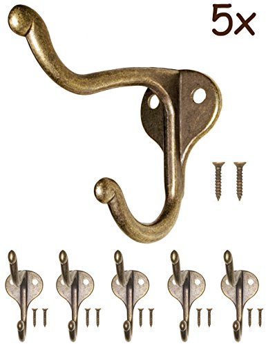 FUXXER® - Antik Haken | Garderoben-Haken Kleider-Haken Hut-Haken Handtuch-Haken | Guss-Eisen Messing Bronze Design | Vintage Landhaus Retro | 5er Set