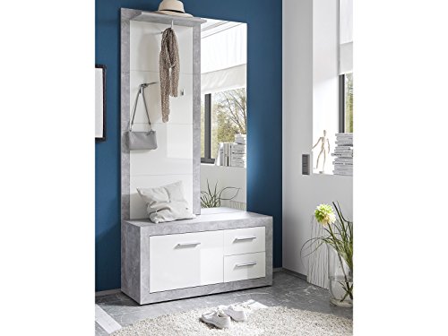 Garderobe Komplett Set Flurgarderobe Dielengarderobe Flur "Rio de Janeiro IV" Beton-Nachbildung mit Absatz weiß-Glanz