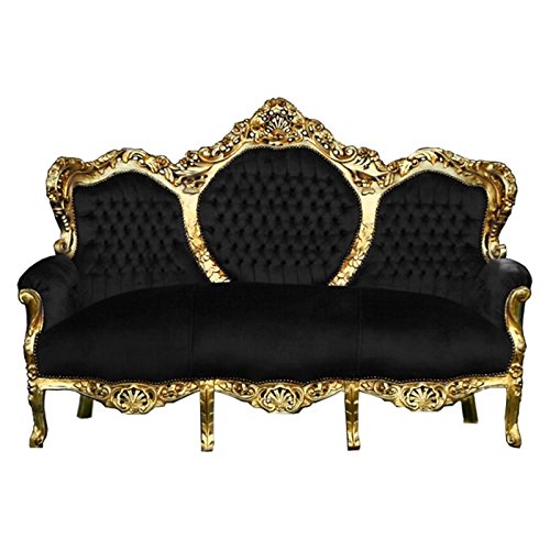 Großes Sofa Antik Barock Design Polsterung aus Stoff Schwarz Rahmen Gold