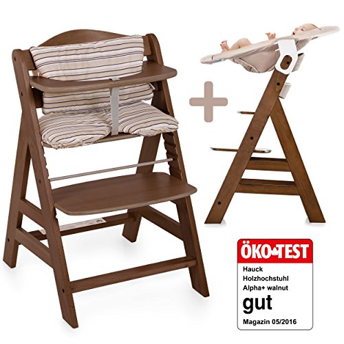 Hauck Alpha Newborn Set - Baby Holz Hochstuhl ab Geburt mit Liegefunktion / inkl. Aufsatz für Neugeborene und Gratis Hochstuhlauflage / mitwachsend, höhenverstellbar - Walnut Dunkelbraun