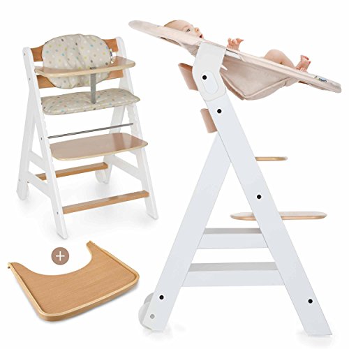 Hauck Beta Plus Newborn Set - Baby Holz Hochstuhl ab Geburt mit Liegefunktion / inkl. Aufsatz für Neugeborene, Sitzpolster, Tisch / mitwachsend, höhenverstellbar - Weiß Natur