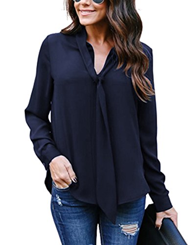 Hownew-X Damen Bluse Elegant Chiffon V-Ausschnitt Langarm Casual Oberteil Lose Langarmshirt V-Ausschnitt Vintage Tunika Hemd T-Shirt