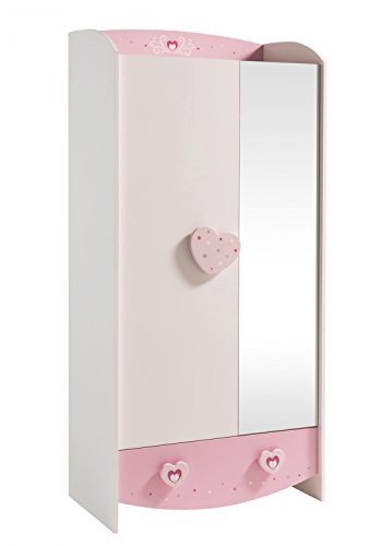 Kleiderschrank weiß / rosa 2 Türen B 89 cm Schrank Drehtürenschrank Kinderzimmer Jugendzimmer Prinzessin Mädchen Wäscheschrank