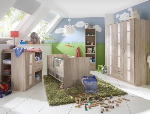 Komplett Babyzimmer Eiche - weiß Kleiderschrank Gitterbett Wickeltisch Regal