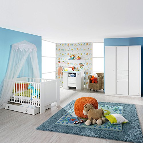 Komplett Babyzimmer weiß Set Babymöbel Gitterbett Wickelkommode Kleiderschrank