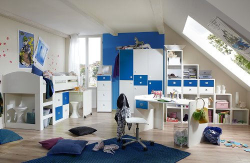 Komplett Jugendzimmer weiss - blau Jugendbett Kleiderschrank Schreibtisch