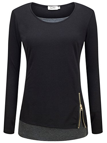 KorMei Damen Langarmshirt Rundkragen Layered Zip Faux Twinset T-Shirt