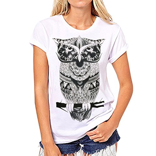 LAEMILIA Damen T-Shirt Bluse Weiß Boyfriend Stil Baumwolle mit Modern Druck Shirt Tops Hemd