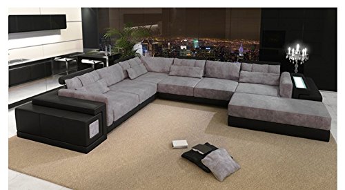 Leder Wohnlandschaft XXL schwarz / grau Stoff Sofa Couch U-Form Designsofa Ecksofa mit LED-Licht Beleuchtung ALESSIA