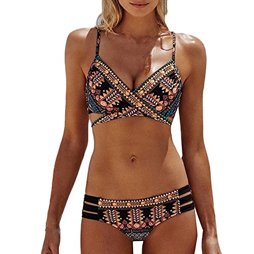 Minetom Damen Push Up Bikini-Sets Böhmen Tankini Neckholder Bandeau Badeanzug Bademode Swimwear Swimsuits