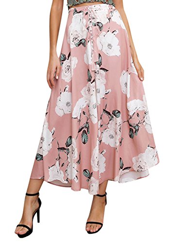 Missy Chilli Damen Lang Röcke Sommer Elegant Blumen Chiffon High Waist Boho Maxi Beach Skirt Röcke mit Schlitz Rosa