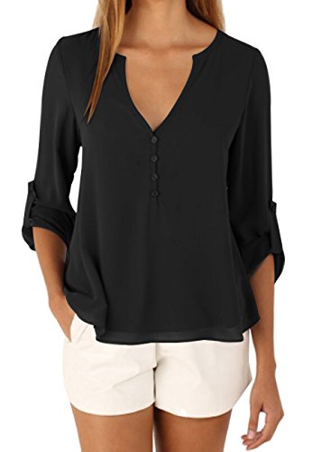 OMZIN Damen Casual Chiffon Knöpfe V-Ausschnitt Blusen Shirts Übergroße Langarm Gefesselt Ärmel Sommer Top S-3XL