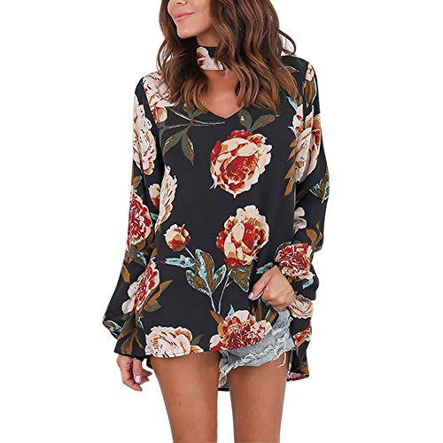 Petalum Damen Bluse Elegant Langarm Choker Blumen Druck V-Ausschnitt Lose Tunika Bluse Top Shirt