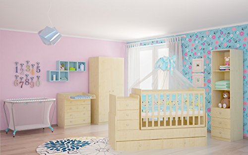 Polini Kids Babyzimmer Kinderzimmer komplett Set Ahorn/Natur 4-teilig mit Babybett/Kinderbett/Juniorbett, Wickelkommode, Kinderkleiderschrank, Standregal