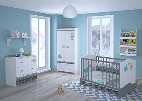 Polini Kids Babyzimmer Kinderzimmer komplett Set L Basic Modell Monsters 4-teilig mit Babybett/Kinderbett/Juniorbett, Wickelkommode, Kinderkleiderschrank, Matratze