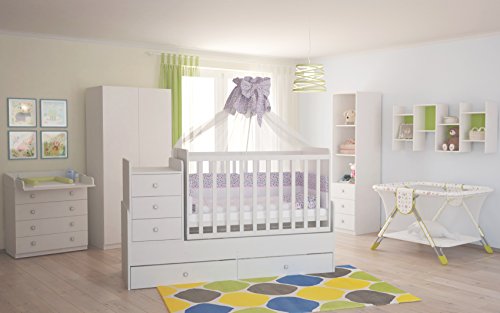 Polini Kids Babyzimmer Kinderzimmer komplett Set weiß 4-teilig mit Babybett/Kinderbett/Juniorbett, Wickelkommode, Kinderkleiderschrank, Standregal