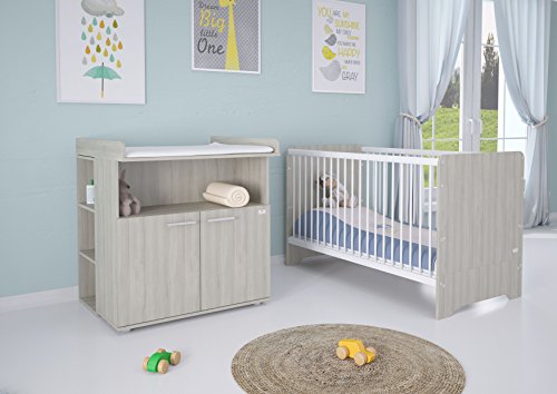 Polini Kids Kinderzimmer 6-teilig Babybett / Kinderbett mit Wickelkommode, Wickelaufsatz, Kommodenregal und Matratze