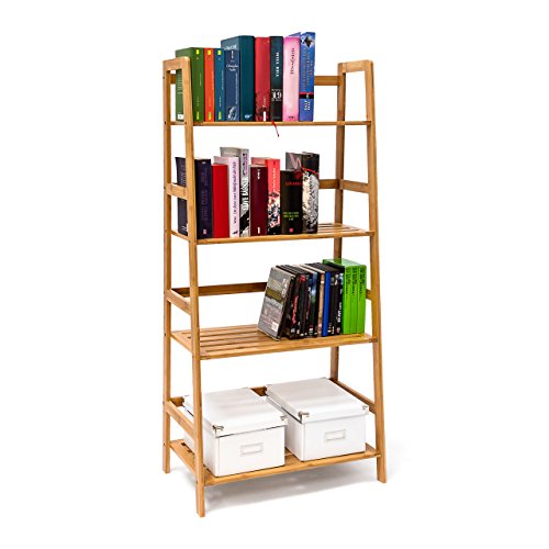 Relaxdays Bücherregal aus Bambus mit 4 Ablagen HxBxT: ca. 120 x 57 x 31 cm Regal für Bücher in Leiterform Standregal mit Durschubsicherung als Bücherschrank und Büroregal Aktenregal aus Holz, natur