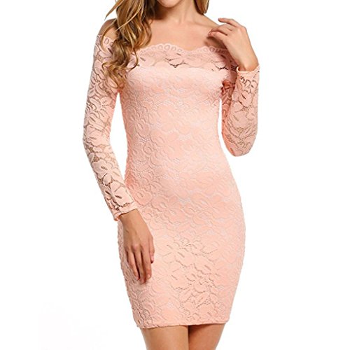 Schlank Kleid Damen, Sunday 2018 Neues Design Frühling Frauen Vintage Schulterfrei Spitze Abendkleid Langarm Kleid Frühling Sommer Herbst Winter Elegant Solide Kleid