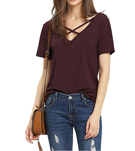 Suimiki Damen Sommer Kurzarm T-Shirt V-Ausschnitt mit Schnürung Vorne Oberteil Tops Bluse Shirt