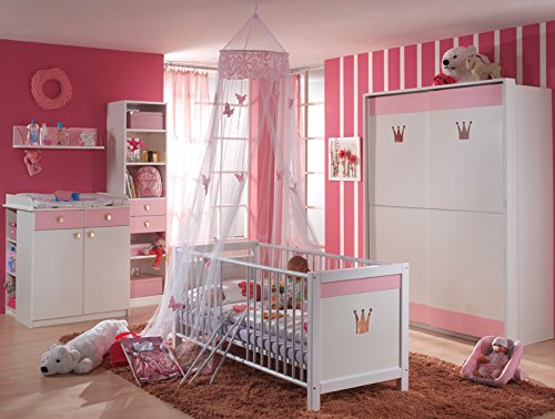 TRAUMHAFT Komplett Babyzimmer weiss - rosé Kleiderschrank Babybett Wickeltisch