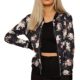 WEARALL Damen Blumen Bomber Jacke Damen Lang Hülle Rose Druck Reißverschluss Besatzung Hals - 36-42