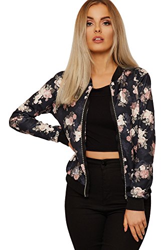 WEARALL Damen Blumen Bomber Jacke Damen Lang Hülle Rose Druck Reißverschluss Besatzung Hals - 36-42