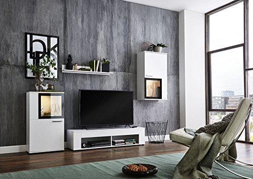 Wohnwand Schrankwand Wohnzimmerschrank Mediawand Anbauwand TV-Element ORLANDO in weiß / schwarz inkl. LED Beleuchtung. Made in Germany