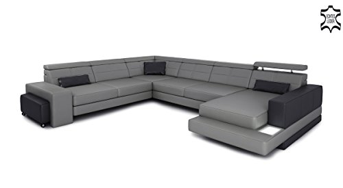 XXL Wohnlandschaft Ledersofa grau / schwarz Leder Eck Sofa Couch Ledercouch Ecksofa U-Form mit LED-Licht Designsofa IMOLA