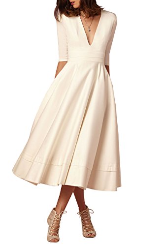 YMING Damen Cocktailkleid Elegantes Vintage 1/2 Arm Partykleid Tief V Ausschnitt Midikleid,S-XXL