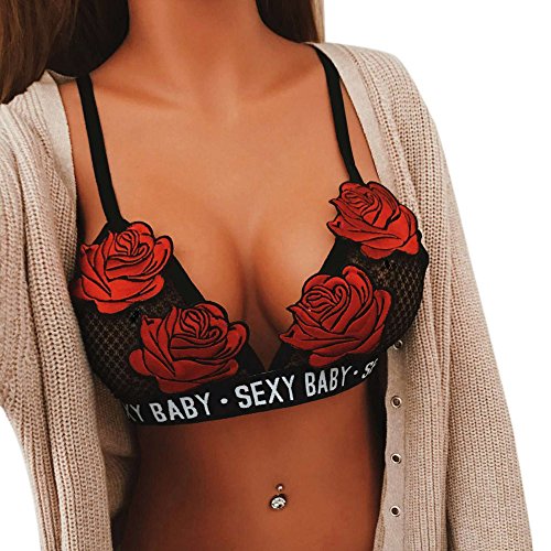 YunYoud Damen Unterwäsche Reizvoller Spitze Bandage BH Rose Gestickte Applikationen Blumen Bralette Keine Stahlpflege Strapsen Büstenhalter Ungepolsterter Bra