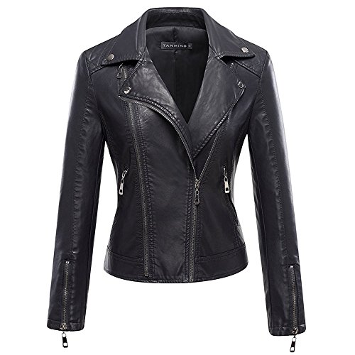 iBaste PU Lederjacke für Damen Kunstlederjacke Leather Jacket Revers Bikerjacke Kurzjacke Herbstjacke