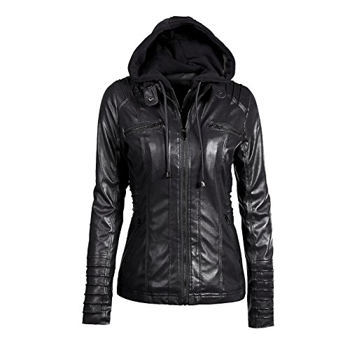 iMELY Damen Jacke PU Leder Kaputzenjacke Hoodie Langärmelig übergangsjacke Kaputzen Outerwear für Frühling Herbst