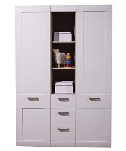 trendteam Babyzimmer Kleiderschrank Schrank Landi, 130 x 195 x 54 cm in Pinie Weiß Struktur, Absetzung Pinie Dunkel Dekor im Landhausstil