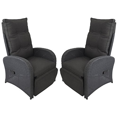 2 Stück Poly Rattan Gartensessel Rattansessel Rattanstuhl Relaxsessel Fernsehsessel Loungesessel mit Fußteil stufenlos verstellbar Schwarz + Auflage Schwarz Balkonmöbel Gartenmöbel Rattanmöbel Terrassenmöbel