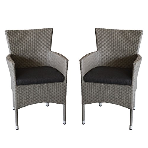 2 Stück Rattansessel, stapelbar, Polyrattanbespannung, grau-meliert + Sitzkissen schwarz / Gartensessel Stapelstuhl Gartenstuhl Rattanstuhl Rattansessel Terrassenmöbel Balkonmöbel Gartenmöbel