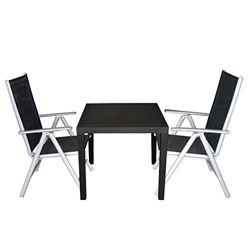 3tlg Balkonmöbel Set Sitzgruppe Vollkunststoff Gartentisch Rattan-Optik 79x79cm Hochlehner mit Textilenbespannung Gartenstuhl Rückenlehne 7-fach verstellbar Silber / Schwarz