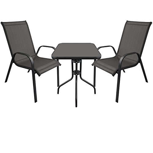 3tlg. Bistrogarnitur Balkonmöbel Gartenmöbel Set Sitzgruppe Gartengarnitur - Bistrotisch, schwarze Tischglasplatte, 60x60cm + 2x Stapelstuhl, Textilenbespannung