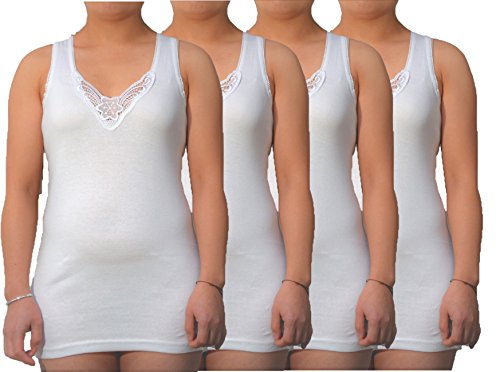 4 | 8 Stück Damen Unterhemden in Weiß extralang mit schöner Spitze aus 100% gekämmte Baumwolle ohne Seitennähte - Größen 36-38 bis 56-58 - BestSale247