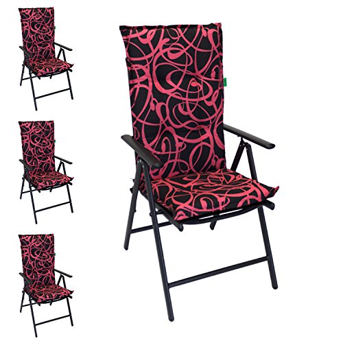 4er Set Polsterauflage für Hochlehner New Orleans, 120x50cm, 6cm dick, Schwarz / Pink - Gartenstuhlauflage Stuhlauflage Sitzauflage Sitzpolsterauflage Sitzkissenpolster