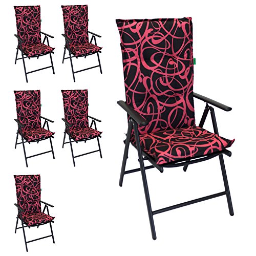 6er Set Polsterauflage für Hochlehner New Orleans, 120x50cm, 6cm dick, Schwarz / Pink - Gartenstuhlauflage Stuhlauflage Sitzauflage Sitzpolsterauflage Sitzkissenpolster