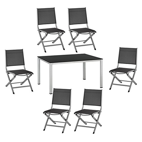 7-tlg. Kettler Gartenmöbel Set 1 Tisch 140x95 cm und 6 Klappstühle in silber/anthrazit