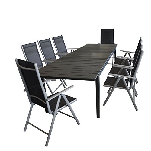 9tlg. Gartengarnitur Aluminium Ausziehtisch, 280/220x95cm, Polywood-Tischplatte + 8x Alu Gartenstuhl silber, Textilenbespannung schwarz, Rückenlehne 7-fach verstellbar / Hochlehner Terrassenmöbel Gartenmöbel